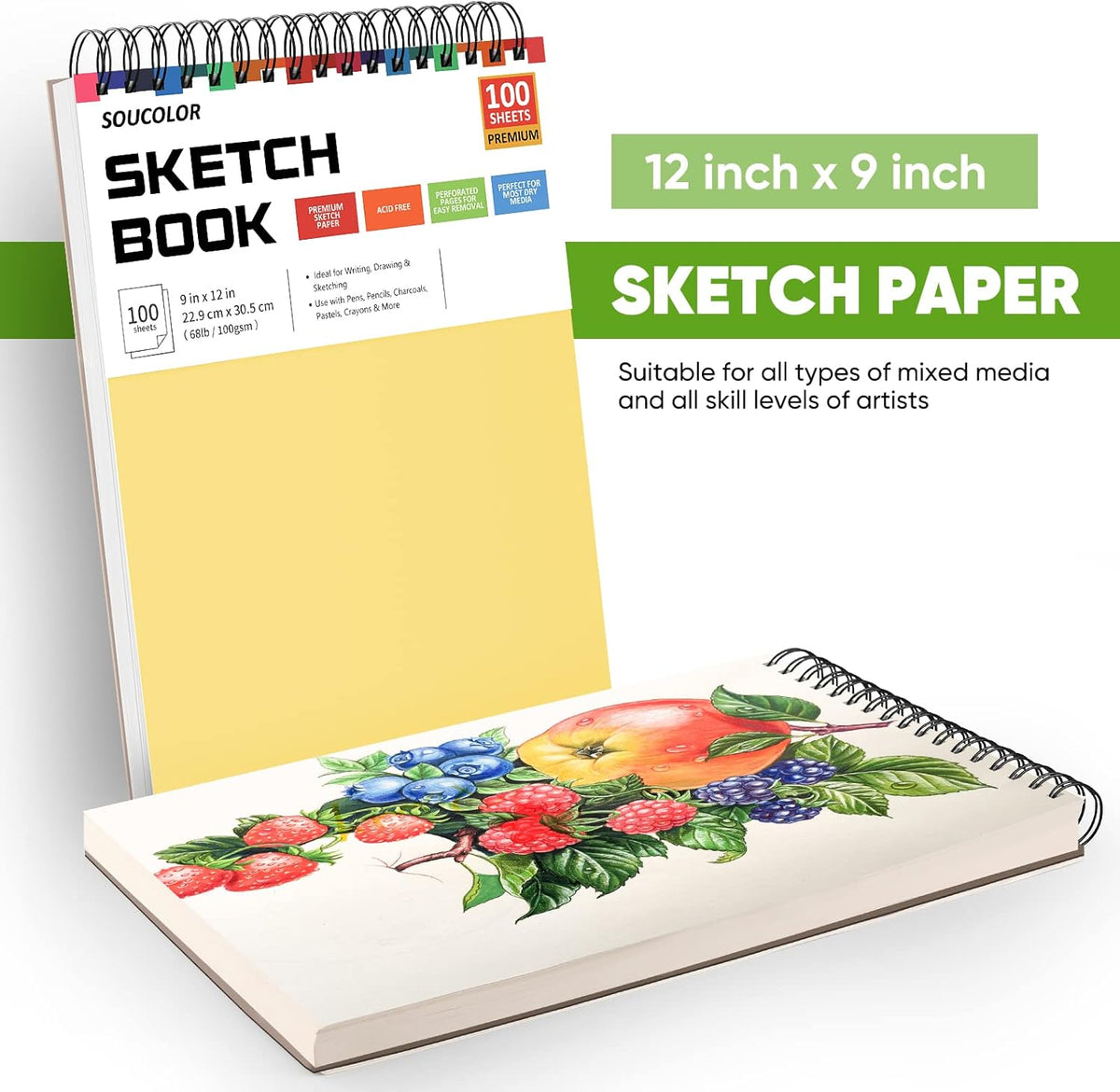 College Graduation Gifts, Halloween Christmas Gifts, Nursing Student Essentials, Teacher Appreciation Gifts, Soucolor 9" x 12" Yellow Sketch Book, 1-Pack 100 Sheets Spiral Bound Drawing Paper