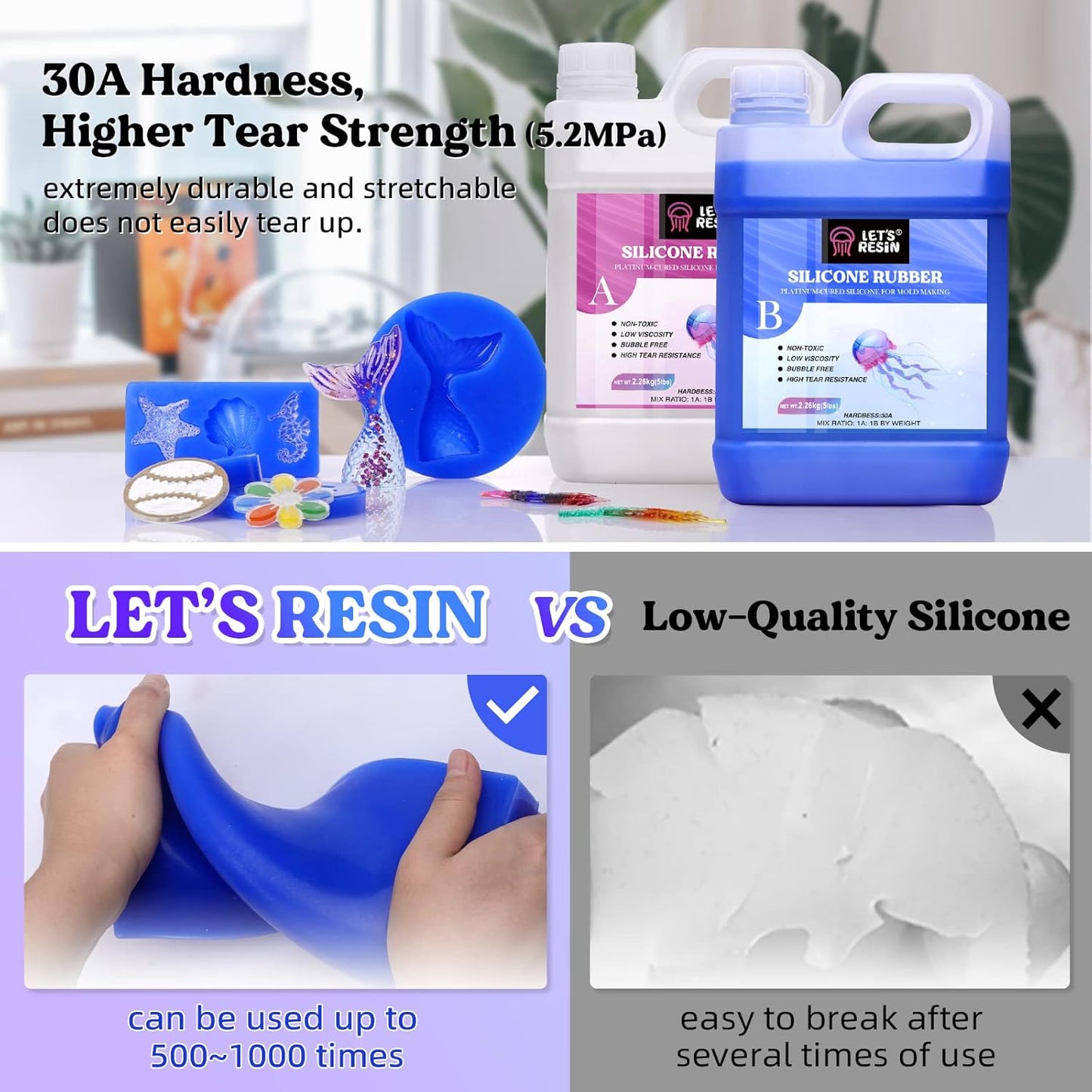 LET'S RESIN Silicone Mold Making Kit 30A,160oz/10Lbs Durable Mold Making Silicone Rubber, Fast Cure Platinum Cured Silicone, Self-Degassing Molding Silicone, Ideal for DIY Resin Molds & Silicone Molds