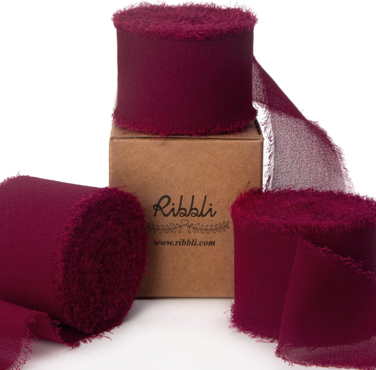 Ribbli Burgundy Chiffon Silk Ribbon, 1.5 inch x 30 Yard, Handmade, Fringe, Wedding Invitations, Gift Wrapping, Bridal Bouquets, Flower Arrangement
