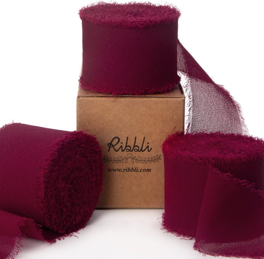 Ribbli Burgundy Chiffon Silk Ribbon, 1.5 inch x 30 Yard, Handmade, Fringe, Wedding Invitations, Gift Wrapping, Bridal Bouquets, Flower Arrangement