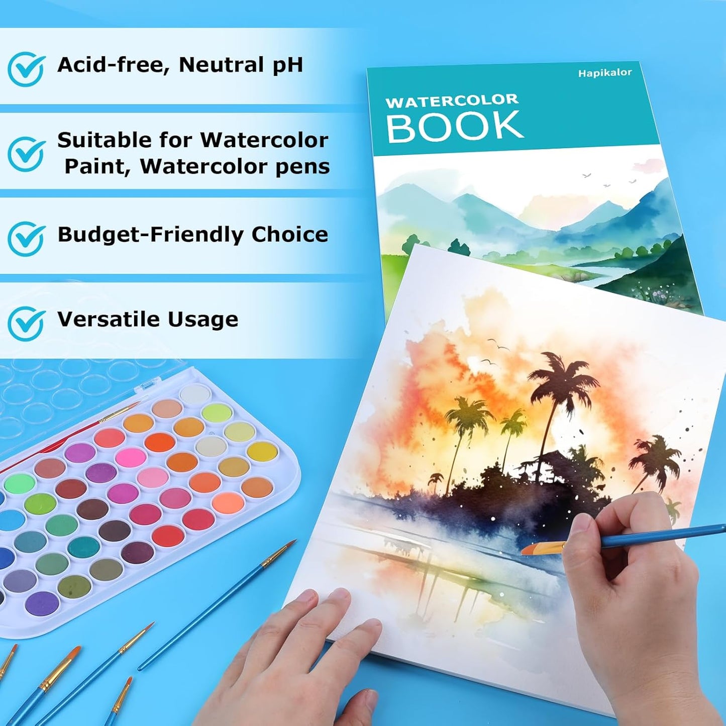 Hapikalor 11"x14" Watercolor Paper Pad, 1-Pack, 140lb/300gsm Artist Painting Drawing Paper Book, Art Supplies for Adults Kids, Watercolors, Watercolor Paint Set, Sketchbook, Journal, Teal