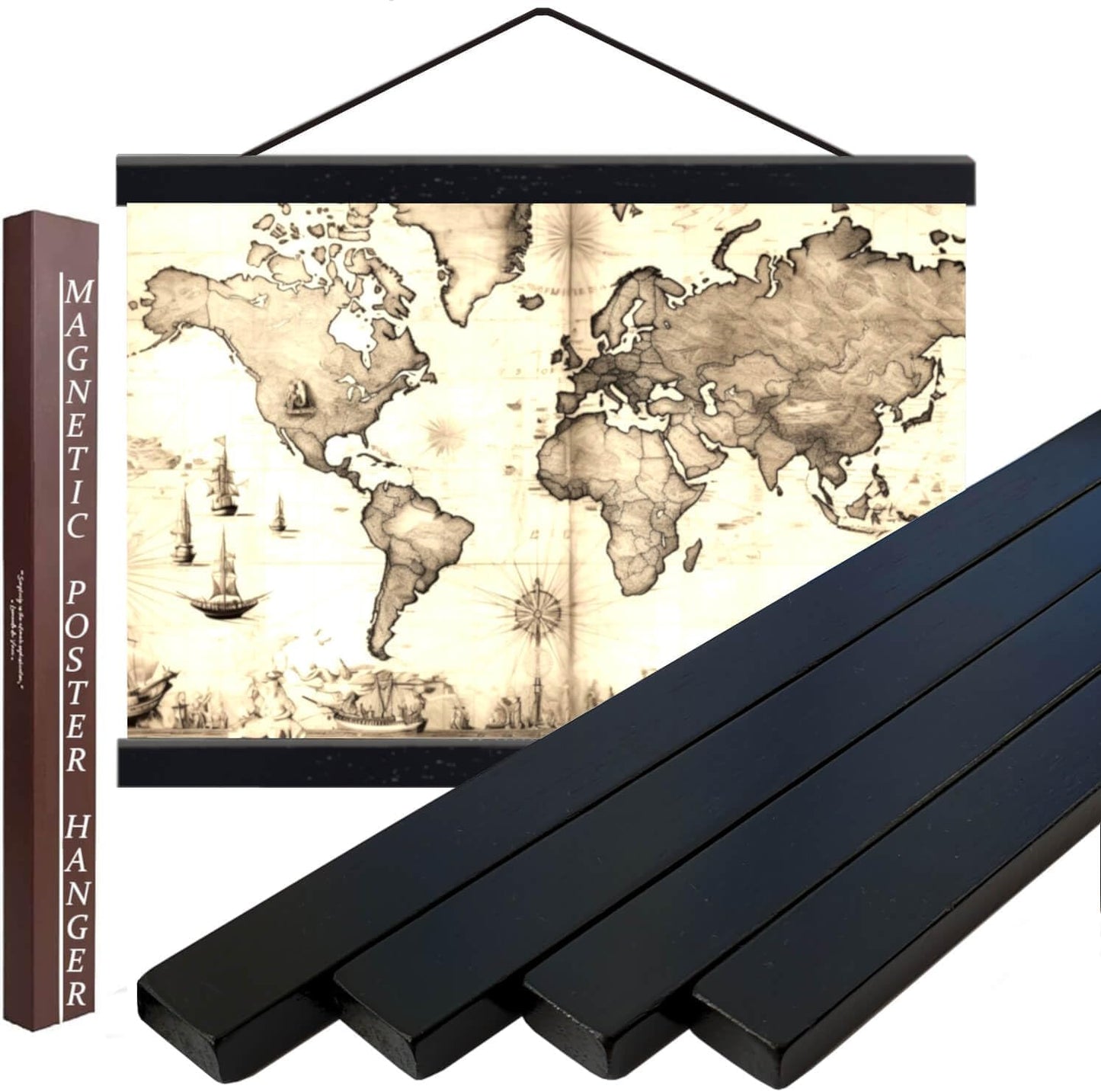 DACRI HOME 74" Magnetic Poster Hanger Frame - Sturdy Teak Wood Poster Frame, Strong Magnets for Safe Hanging Map Picture Print Scroll Wall Art 74x26 74x36 74x48 (74 Inch, Black)