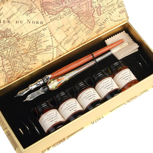 GC QUILL MU-02 Calligraphy Pen Set, Glass Dip Pen and Handcrafted Wooden Dip Pen Gift Set with 5 Colors Calligraphy Ink 6 Nibs, Calligraphy Set for Beginners
