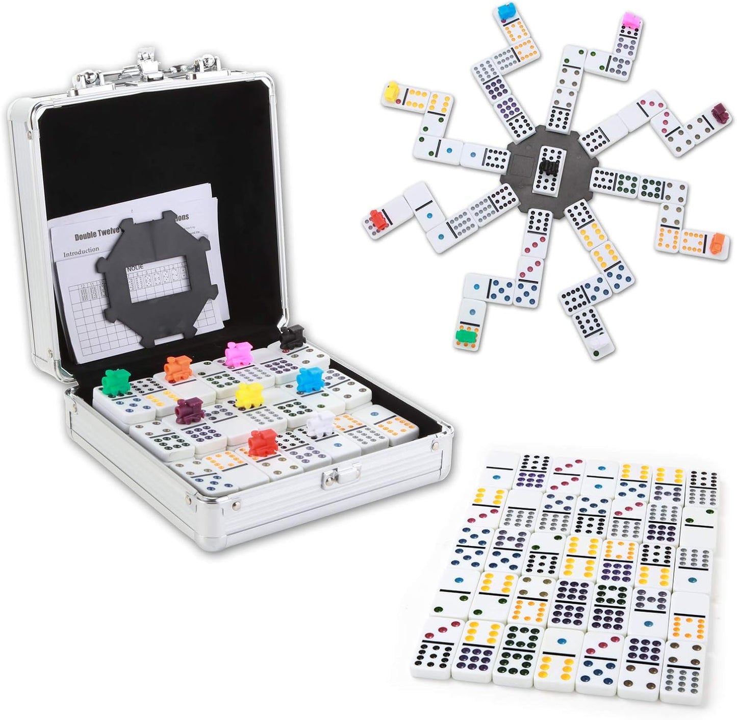 NOLIE Mexican Train Dominoes Game, Double 12 Dot Dominoes Set with Aluminum Case