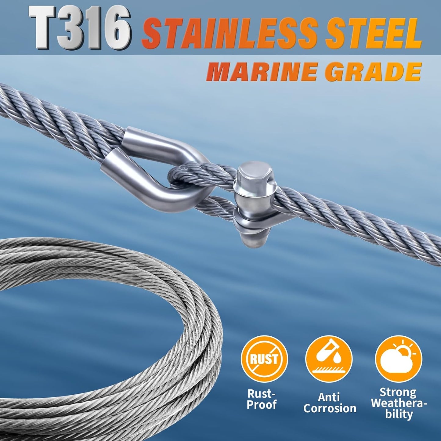 Stainless Steel Cable for Railing - 25FT 1/4" T316 Wire Rope with Clamps and Thimbles - 7 x 19 Strands 6700 LBS Breaking Strength for Outdoor Deck Railing Zipline