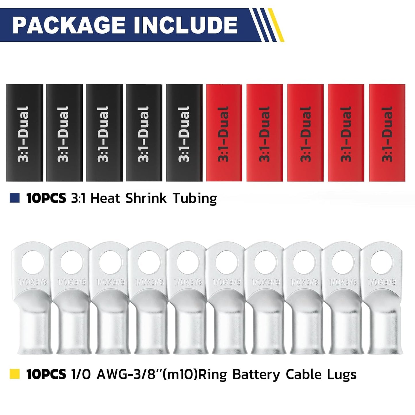 haisstronica 10pcs 1/0 AWG - 3/8"(M10) Tinned Copper Battery Lugs, Heavy Duty Copper Wire Lugs with 10pcs 3:1 Adhesive Heat Shrink Tubing, 0 Gauge Wire Lugs, Tinned Copper Battery Cable Ends