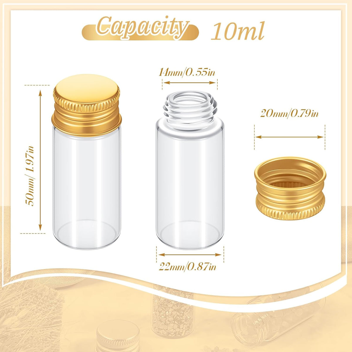 100 Pcs Small Clear Vials Spice Mini Jars with Lids Mini Glass Bottles with Screw Aluminum Metal Caps Tiny Jars Sample Containers for Powder Cream Cosmetic Jewelry Wedding(10 ml,Gold Caps)