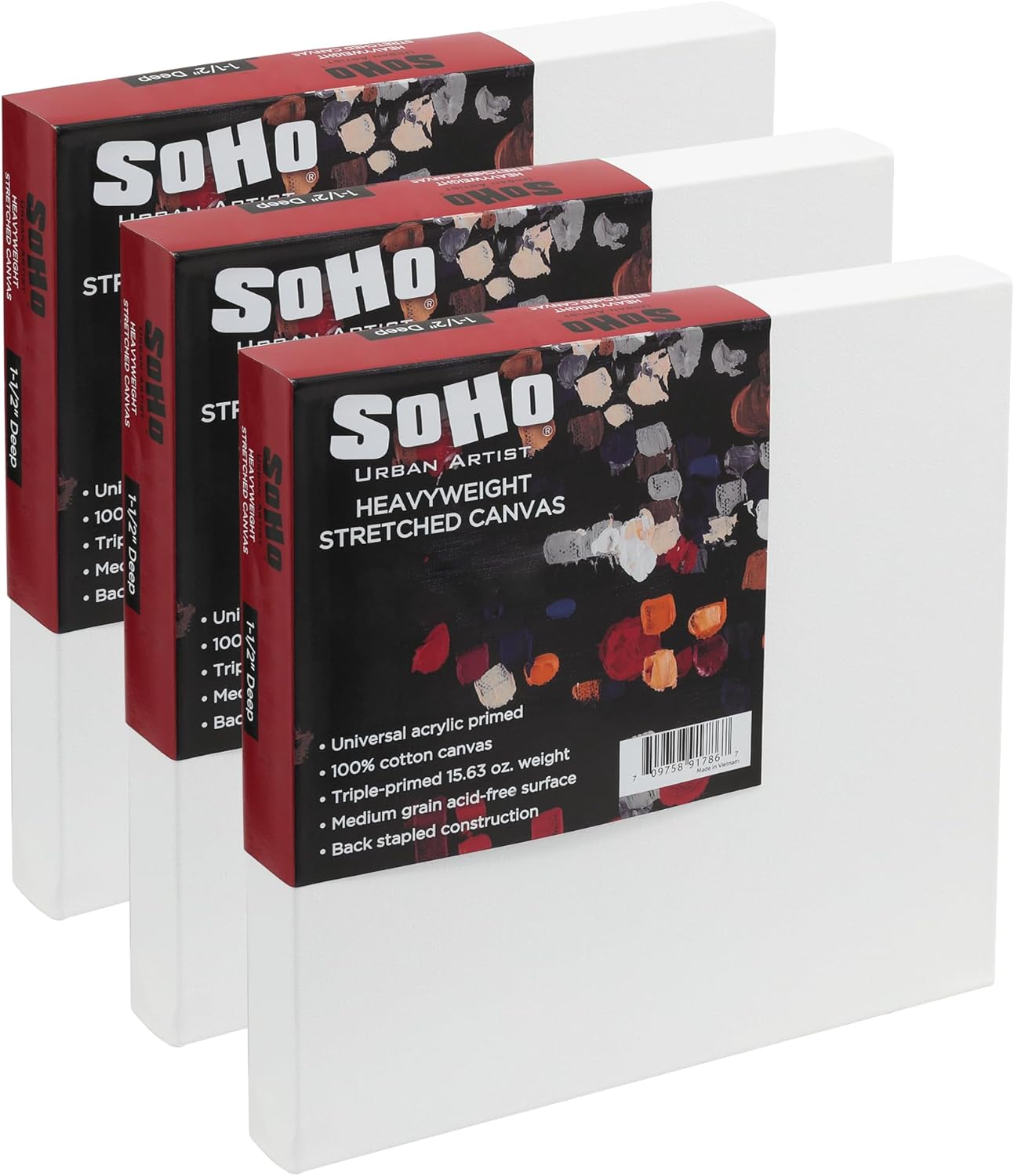 SoHo Urban Artist, 36x36 Heavyweight Stretched Cotton Canvas for Painting - 1.5" Deep- 3 Pack, Triple Primed, 100% Cotton Canvas, Archival, Universal Primed for Oil, Acrylic, Alkyd, Mixed Media