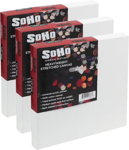 SoHo Urban Artist, 36x36 Heavyweight Stretched Cotton Canvas for Painting - 1.5" Deep- 3 Pack, Triple Primed, 100% Cotton Canvas, Archival, Universal Primed for Oil, Acrylic, Alkyd, Mixed Media