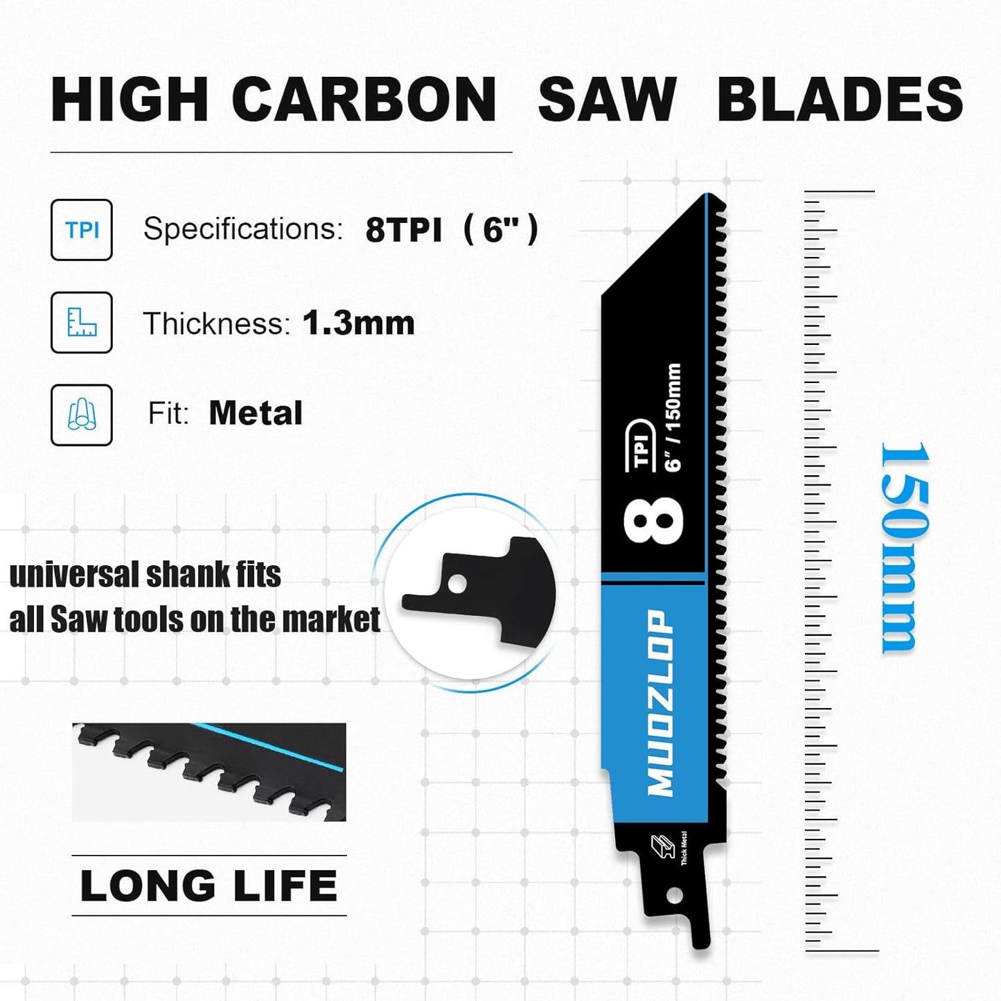 3 Pack 6 inch Reciprocating Saw Blades Set，8 TPI High Carbon Saw Blades for Metal ，Saw Blades with Organizer Case (3, 8T/6inch)