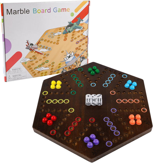 Wahoo Marble Board Game Thicken Wood 4 and 6 Players Fast Track Board Game 2 Sided Painted Perfect Game for Family Friends Party (Rustic Brown)