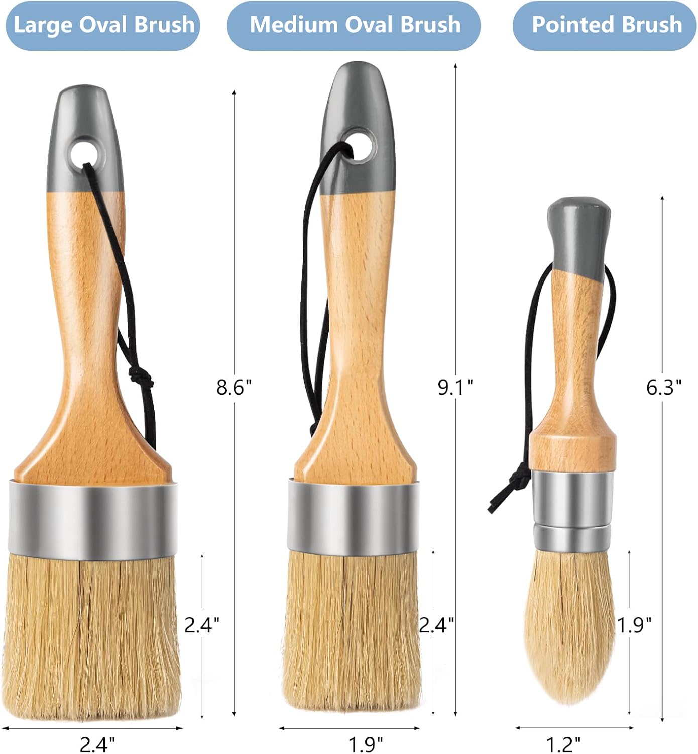Mister Rui Chalk Paint Brushes, 3 Pack Wax Brush Set, Round Paint Brush Use with All Paints, Natural Bristle Brush for Painting, Stencils, Waxing, Home Decor, DIY Art Crafts