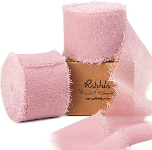 Ribbli Dusty Rose Chiffon Ribbon 1-1/2 inch x 20 Yard Handmade Fringe Chiffon Silk Ribbon,Mauve Ribbon for Wedding Invitations, Bridal Bouquets Wrapping, Flower Arrangement Decoration