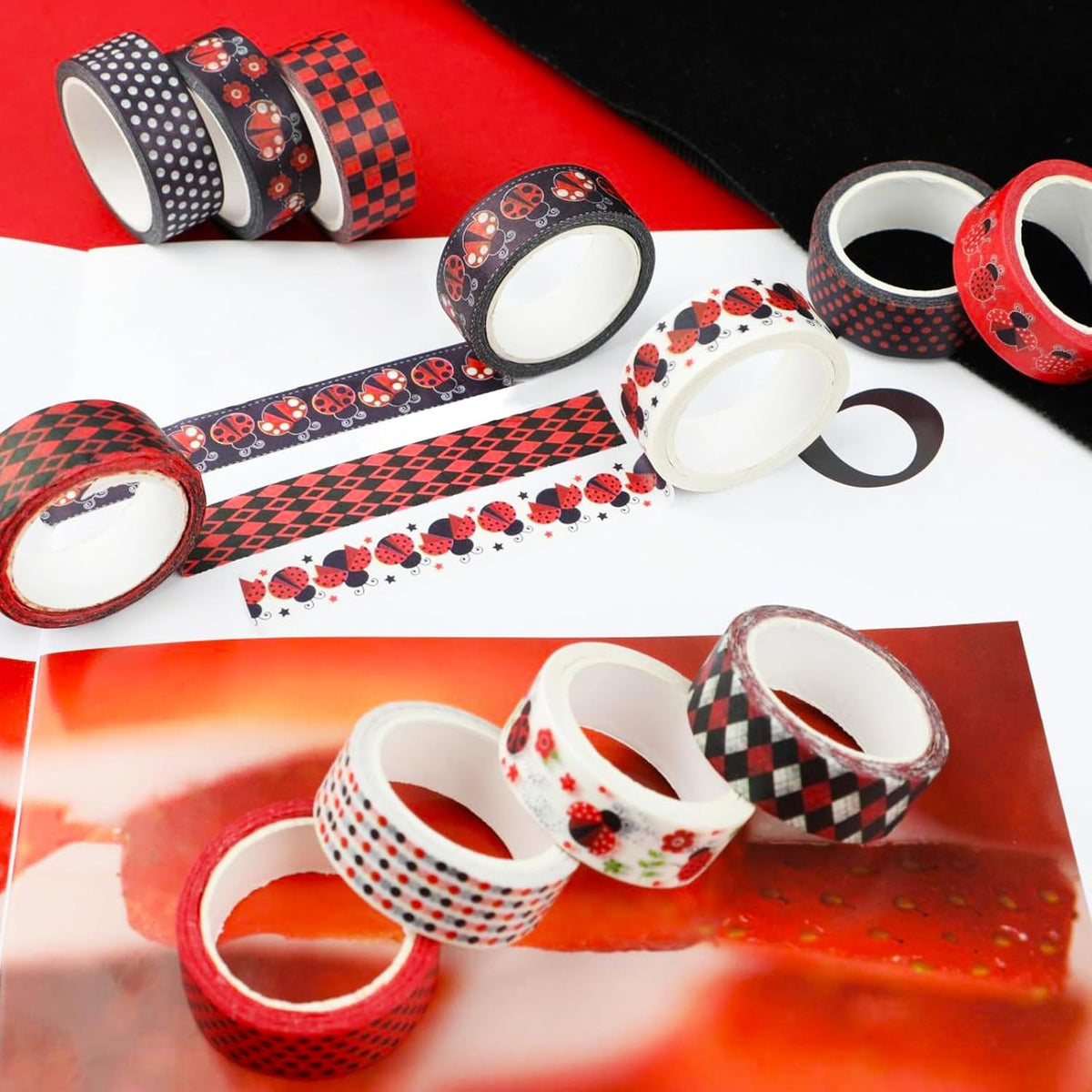 12 Rolls Insect Washi Tape, Seven Star Ladybug Masking Tape, Red Black Spots Decorative Tape for Journaling, Scrapbooking, DIY Crafts, Planner, Gift Wrapping, 16.4FT