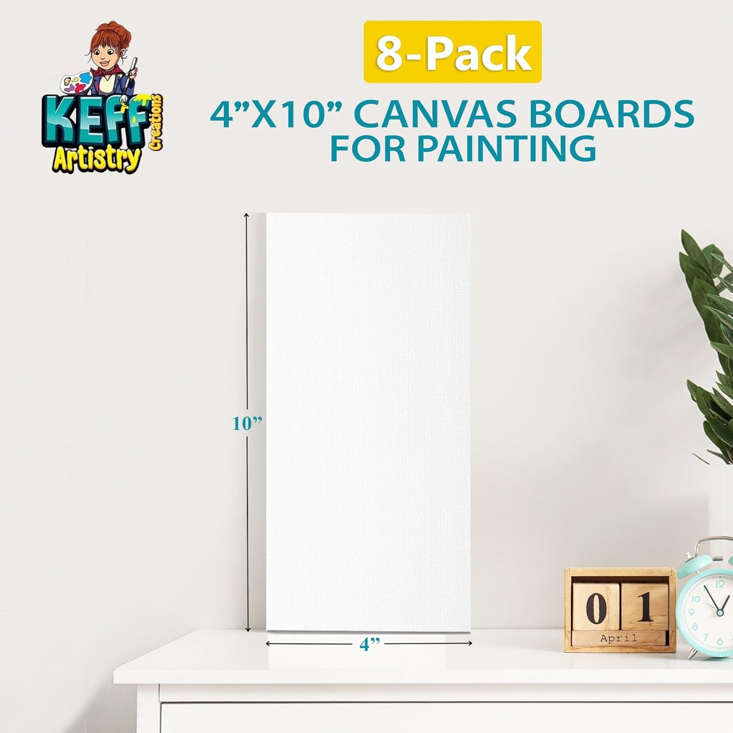 KEFF Canvas Boards for Painting - 4x10 8-Pack Bulk Canvas Panels, 100% Cotton Triple Primed Small Canvases for Painting Supplies, Acrylic, Oil, Watercolor & Tempera