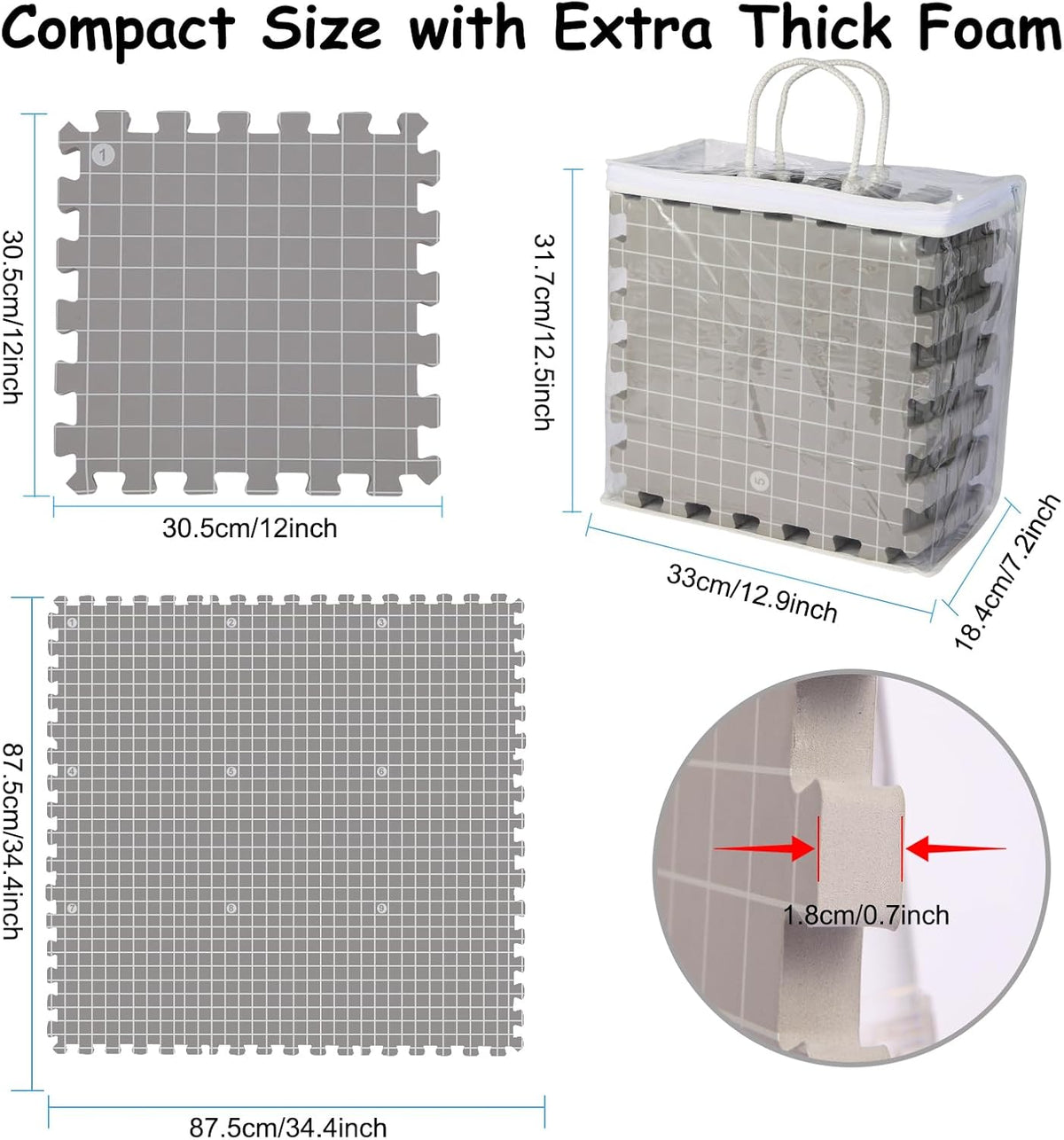 MEVOME Blocking Mats for Knitting with 20pcs Knitting Blockers 200 T-pins 104 Locking Stitch Markers, Extra Thick Block Boards with Grids Storage Bag for Needlepoint Crochet - Pack of 9 (Gray)