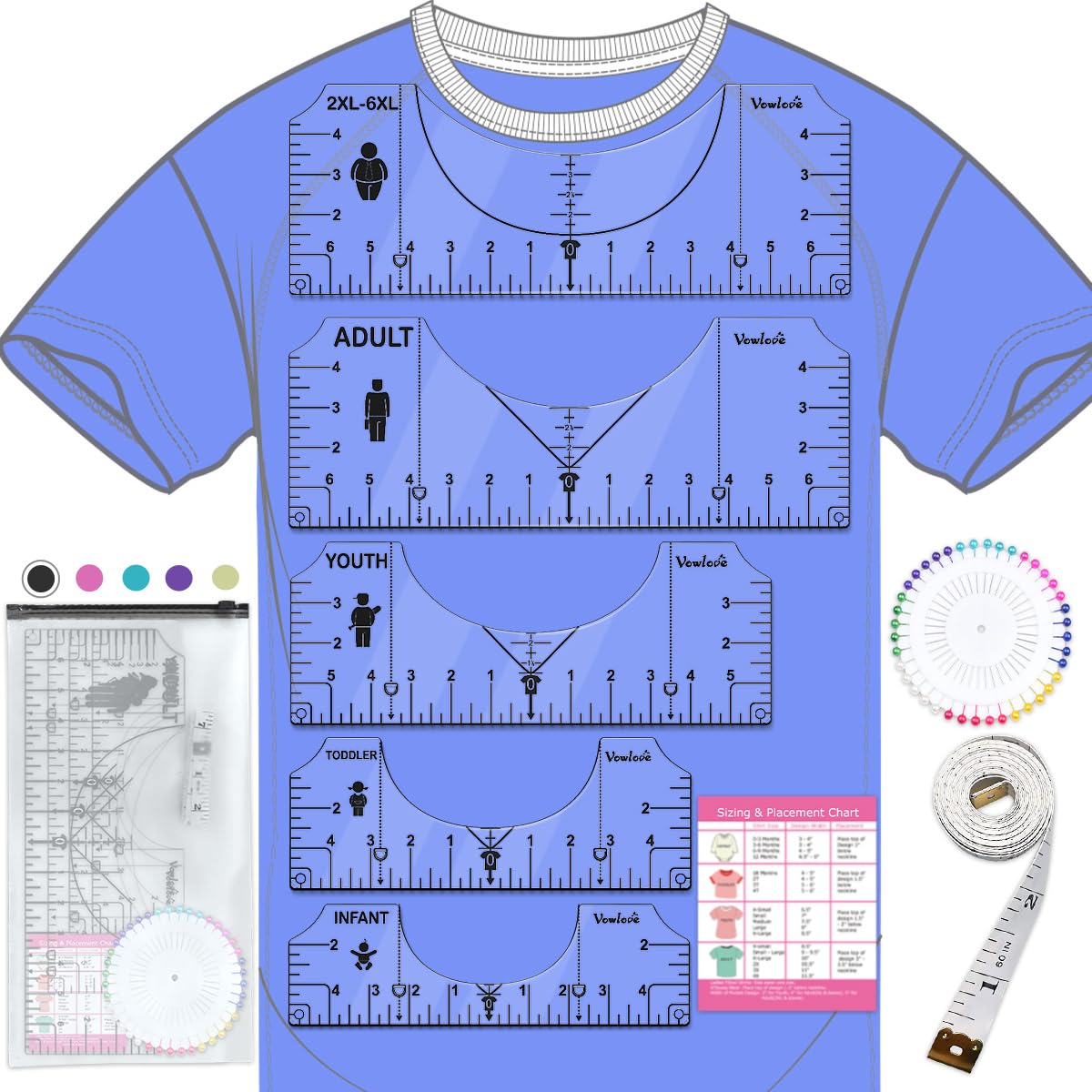Vowlove Tshirt Ruler Guide for Cricut Heat Press, Shirt Measurement Tool Vinyl Alignment Placement Center Design DTF Template Left Pocket Logo, Sublimation Accessories Iron on HTV Heat Transfer Vinyl