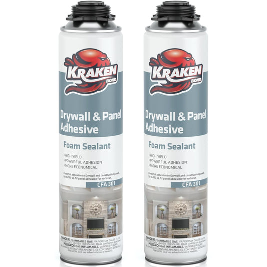 KRAKEN BOND Drywall & Panel Adhesive Foam - (2X24oz) Heavy-Duty, Fast-Curing Construction Adhesive for Concrete, Wood, and Heat Insulation Applications - 2 Pack