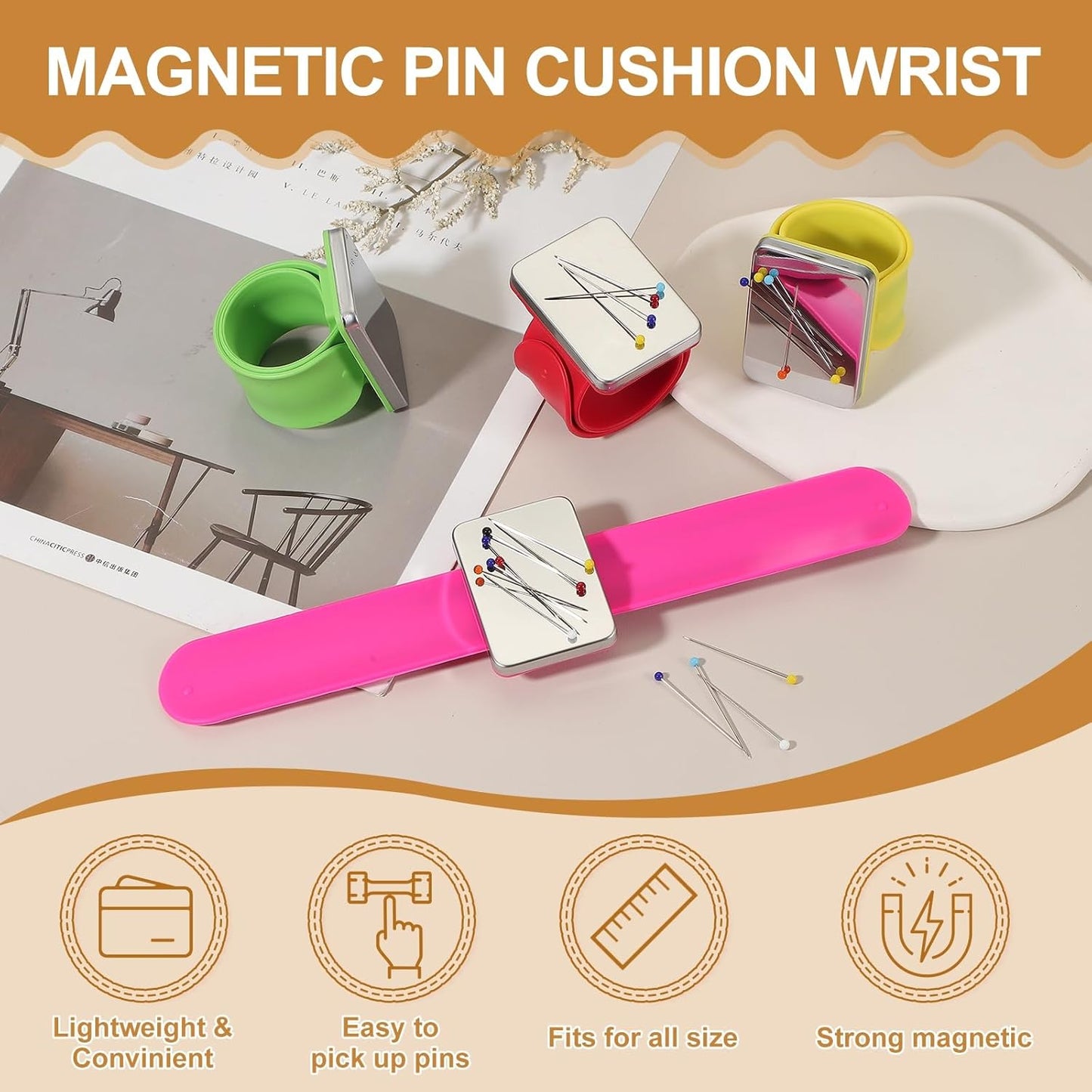 PATIKIL Magnetic Wrist Pin Cushions for Sewing, Magnetic Pin Cushion Magnetic Wrist Gel Band Holder Wristband Pincushion with Pins for Sewing Braiding Quilting Hair Clips, Red