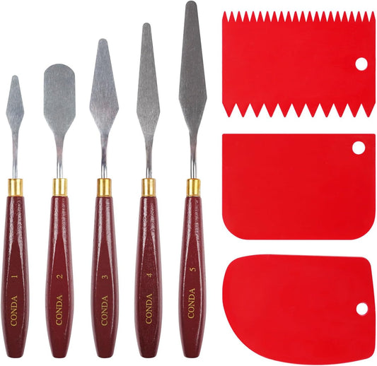 CONDA 5 Pcs Palette Knife Painting with 3 Plastic Scrapers, Stainless Steel Spatula Palette Knife Oil Paint Metal Knives Wood Handle