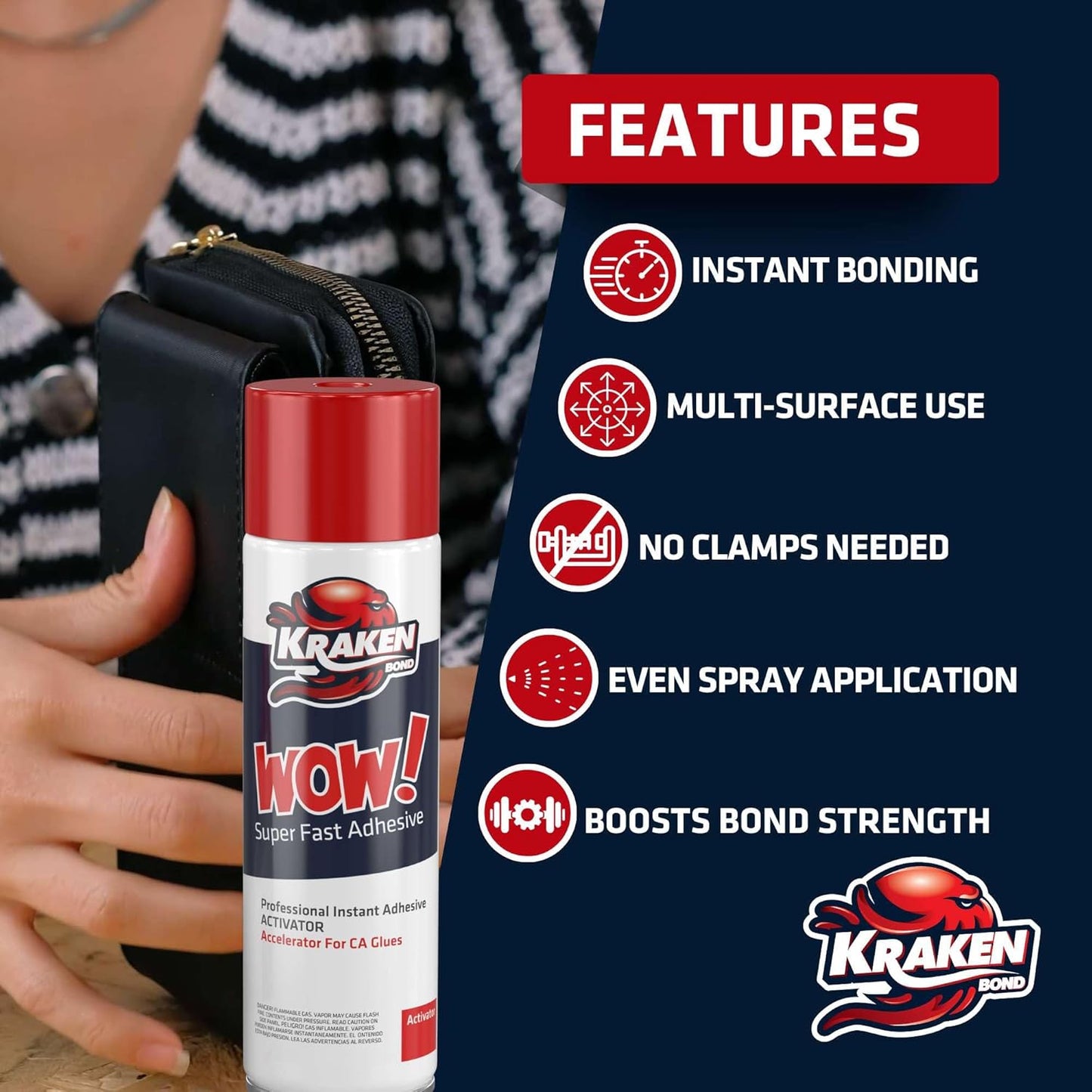 KRAKEN BOND Wow! Spray Adhesive Activator(3X13.5 Oz.) - Cyanoacrylate Super Glue Accelerator Spray for Plastic, Metal, Wood & PVC, CA Glue Activator | 3 Pack