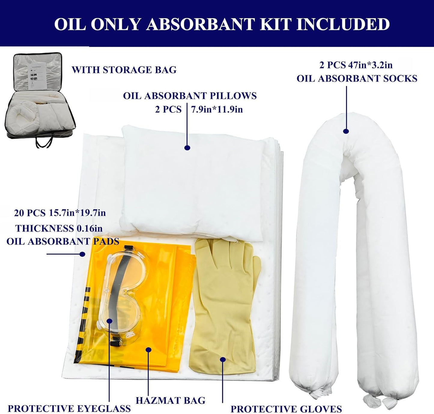 XIFENG Oil-Only Spill Kit Absorbing Spills Oil Absorbent Pads Oil Absorbent Socks Pillows 11.6 Gallon of Oils Petroleum Products for Industrial Automotive Vehicle Aid Spills (Color:only Oil)