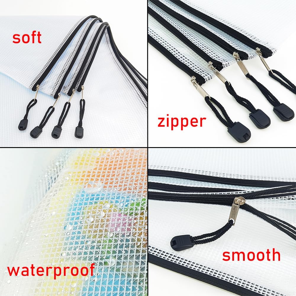 AUSTARK 20 Pcs Zipper File Bags, Plastic Mesh Pouch, Board Game Storage Bag, Waterproof Bags for Office School (Multi-Size, White and Black)