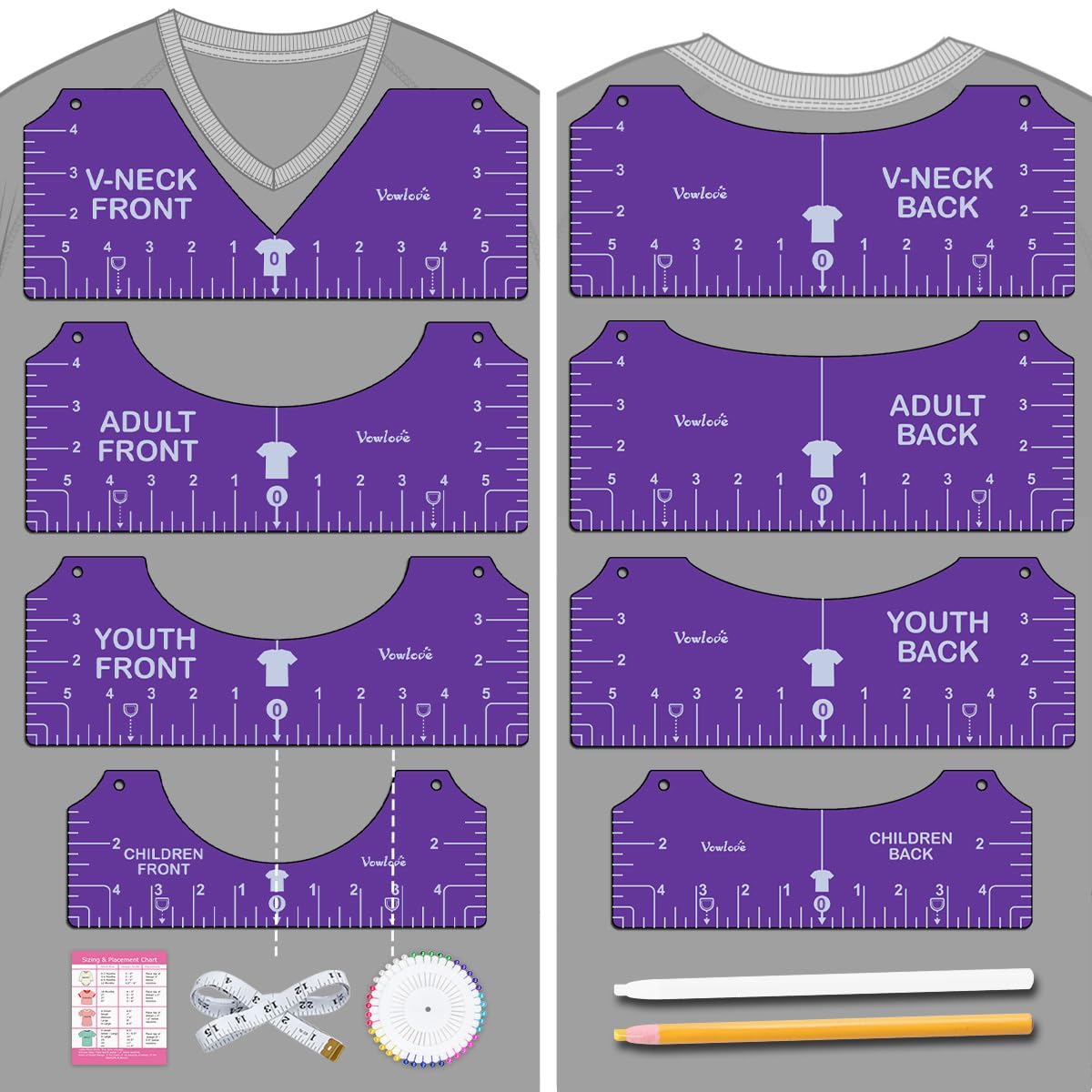 Vowlove Tshirt Ruler Guide Set for Cricut, Shirt Measure Ruler Centering Tool, Accessories for Sublimation Printers Blanks Product Bulk Embroidery Dtf Heat Press Transfers Ready to Press Film Tape
