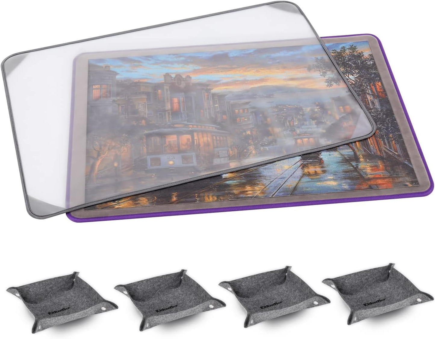Kidoodler Jigsaw Puzzle Board with Cover & Sorting Trays | 33x22 Portable Puzzle Mat for 1000 pcs with 4 Foldable Sorting Trays | 4mm Reinforced Hardboard | Non-Slip Surface | Purple