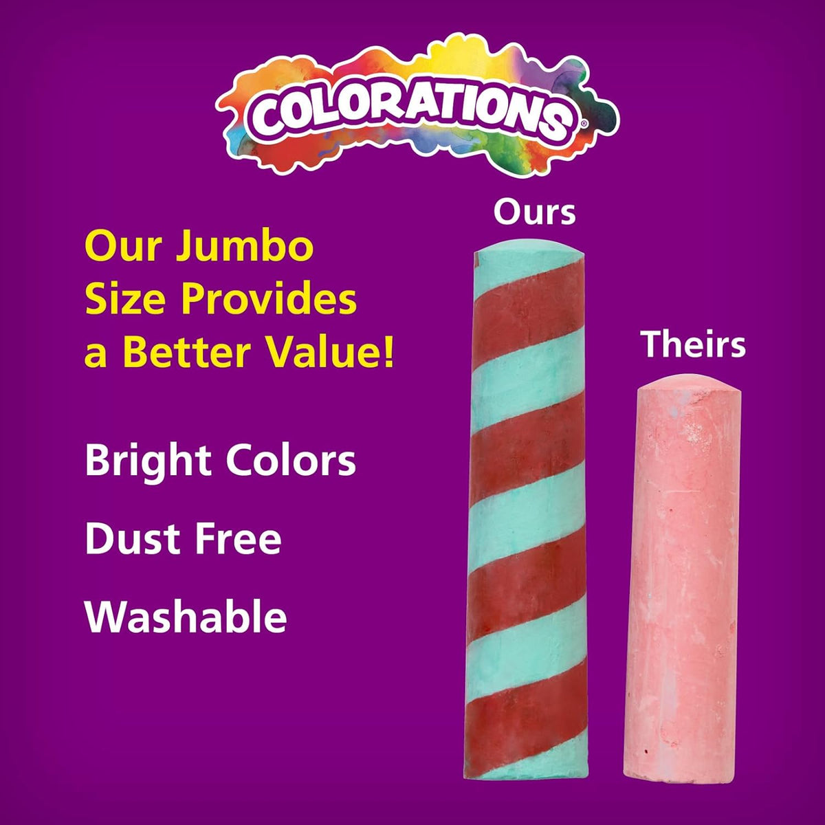 Colorations Sidewalk Chalk – 50pc 4” x 1” Washable, Bright Colored Chalk Set – Fun Kid Art Colors & Patterns – Draw on Classroom Chalkboard or Outdoor Playground – Jumbo Bulk