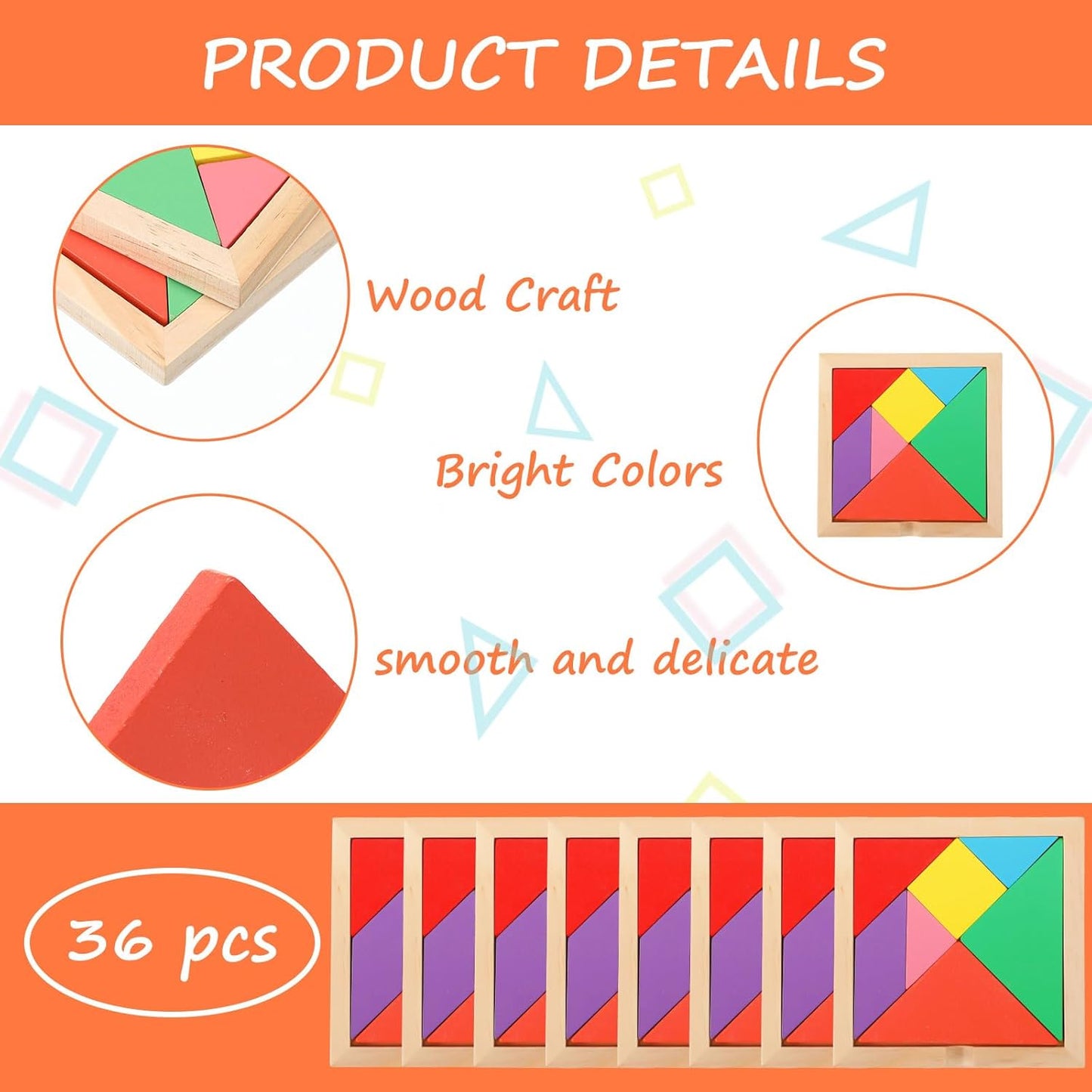 Shappy 36 Pieces Wooden Tangram Puzzles for Kids Educational Shape Puzzle Toys Geometric Pattern Brain Logic Puzzle Blocks for Students Educational Activities Back to School Gifts(Novelty Style)