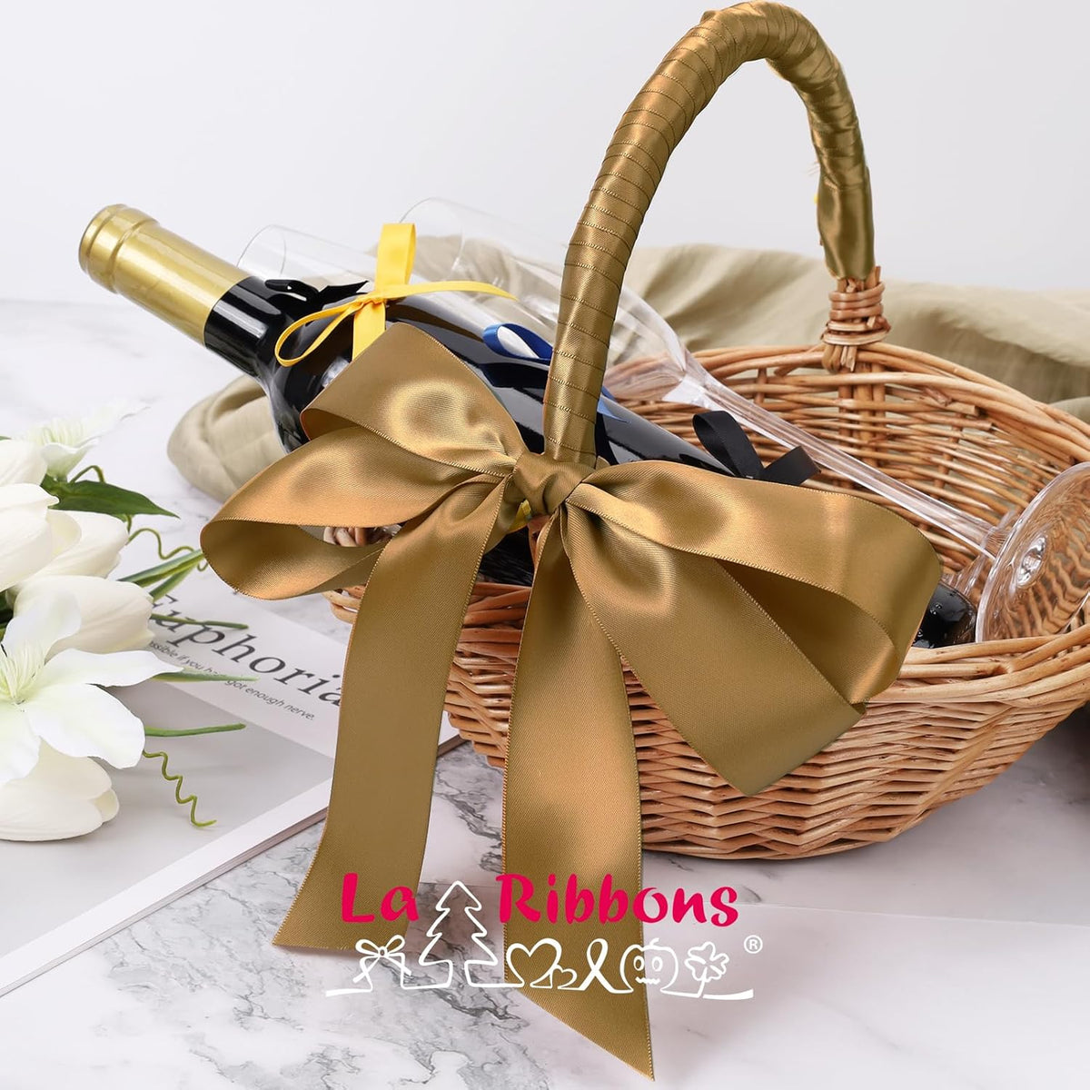 LaRibbons 1 1/2 Inch 50 Yard Double Faced Satin Ribbon,Pale Gold Satin Craft Fabric Ribbon for Gift Wrapping Floral Bouquets Wedding Party Decoration