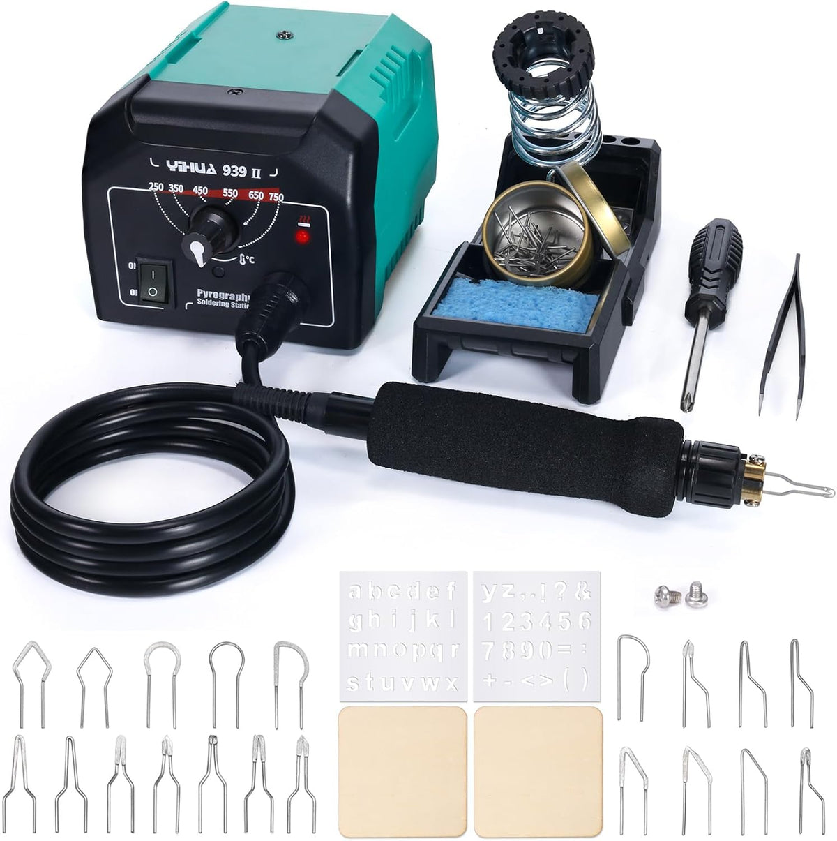 YIHUA 939-II Wood Burning Kit Station Pyrography pen 250~750℃/482~1382℉ Temperature Adjustable with 20 Wire Nibs, 1 stable pen holder, 2 stencils, 2 scrap wood, 1 S/S Tweezers, and 1 pliers (Green)