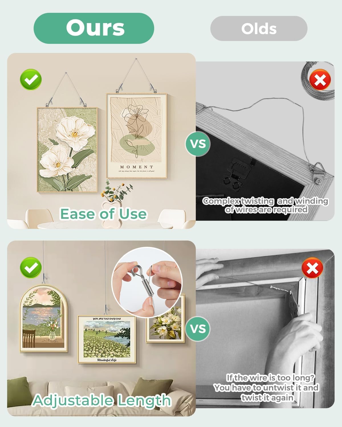 4PCS Adjustable Picture Hanging Wire 1m x 1mm Small Hooks, Picture Frame Wire Kit Heavy Duty 50lbs, Stainless Steel for Art, Mirror, Light Lamp, Billboards, Basket Flowerpot