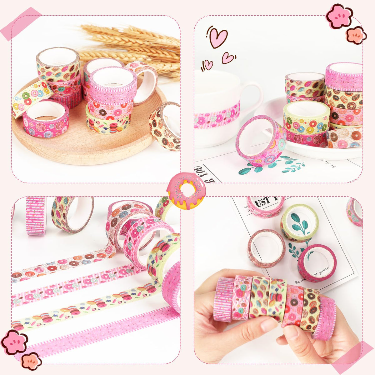 12 Rolls Donut Washi Tape Set, Candy Donuts Stars Masking Tapes, Cartoon Craft Pattern Adhesive Tapes for Planners, Scrapbook Decorating, Journal, DIY Art Crafts, Gift Wrapping 16.4Ft