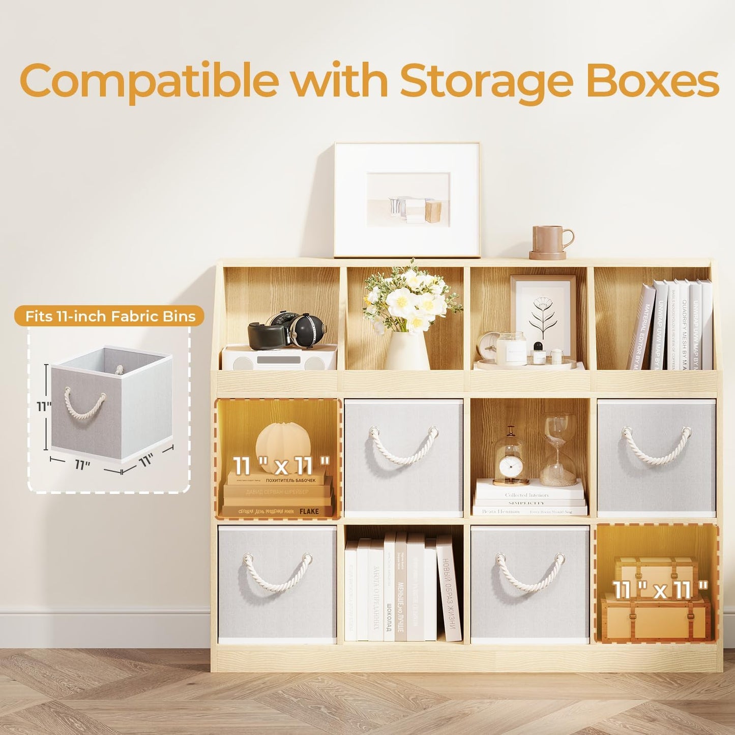 12-Cube Wooden Storage Bookcase - 11-Inch Open Shelf Cabinet, Simple Modern Bookshelf Organizer for Home Office, Living Room, Oak