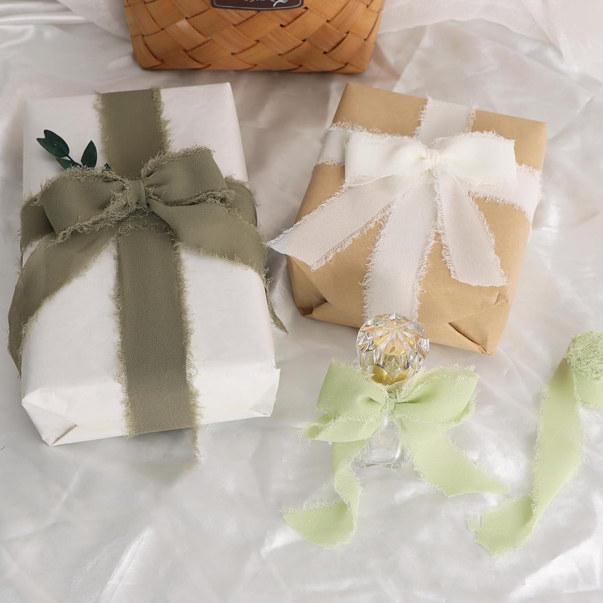 TONIFUL 4 Rolls Silk Chiffon Ribbon, 1-1/2 Inch x 22yds, Sage Green Chiffon Ribbons Set, Handmade Fringe Silk Ribbon for Gift Wrapping Bridal Bouquets Wedding Invitations Decoration Crafts