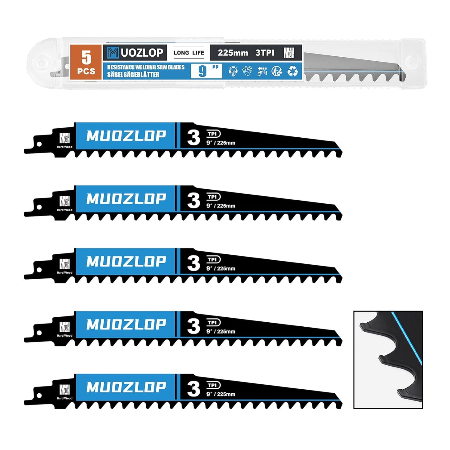 5 Pack 9 inch Reciprocating Saw Blades Set，3 TPI High Carbon Saw Blades for Woodcutting ，Saw Blades with Organizer Case (5, 3T/9inch)