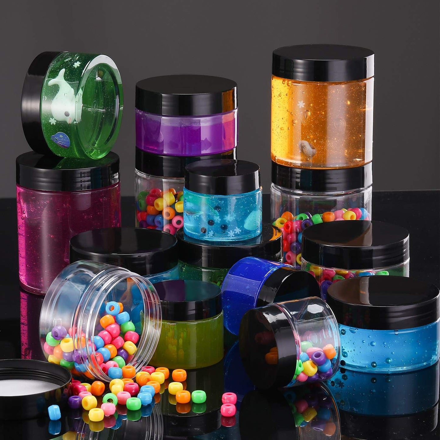 SATINIOR 12 Pack 6 oz Plastic Container Jars with Lids Round Clear Travel Cosmetic Container Slime Jars for Toiletries, Lotion, Cream, Ointments, Makeup, Rhinestone, Samples, Kitchen Storage(Black)