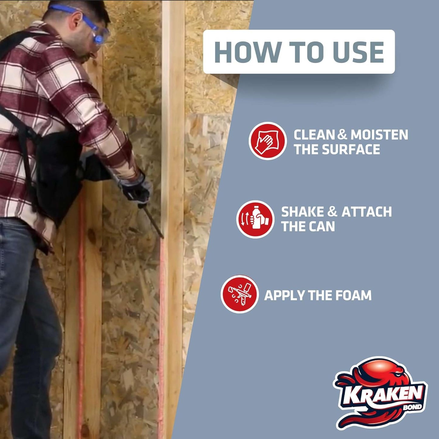 KRAKEN BOND Drywall & Panel Adhesive Foam - (1x24oz) Heavy-Duty, Fast-Curing Construction Adhesive for Concrete, Wood, and Heat Insulation Applications - Gun&Gun Cleaner Set