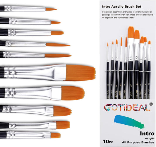 GOTIDEAL Paint Brush Set, 10 Pcs Round Pointed Tip, Small Nylon Hair Brushes for Acrylic, Oil and Gouache，Body, Face Nail Art and Rock Painting, Perfect for Kids & Adult