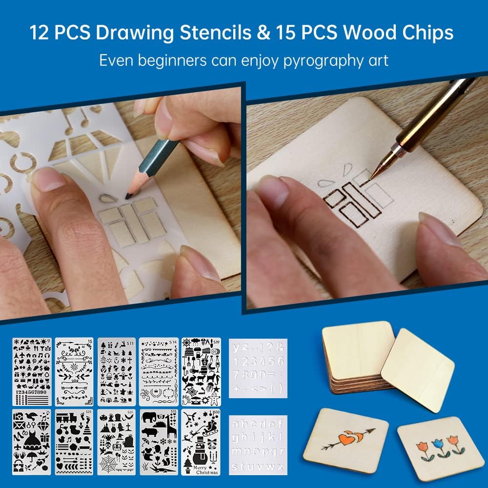 Goodcrafter Pyrography Pen 2-IN-1 Wood Burning Kit 101-IN-1,200~480°C (withTemp Display)/Wire-Nib 250~750°C Temp adjustable with 20 Nibs,53 Solid Points,12 Stencils and 15 Wood Chip(Mother's Day gift）
