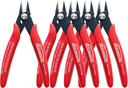 Small Wire Cutters, 5 PACK, 5 Inch Micro 170 Flush Cutter, HOUSERAN Wire Cutters Spring Loaded Cutting Pliers, Side Cutters, Diagoanl Cutters for Jewelry Making, Models, Zip Ties Plastic Wire Snips