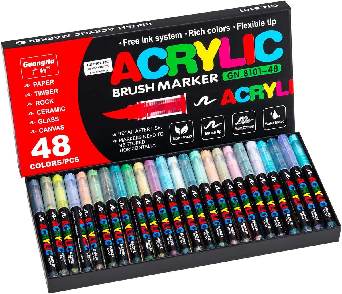Acrylic Paint Markers Pens, 48 Vivid Colors Acrylic Markers Set,Direct Liquid Type, Stackable Color, Odorless Soft Head，Markers for School，Tooli Art ，Fabric & Creative Crafts (48)