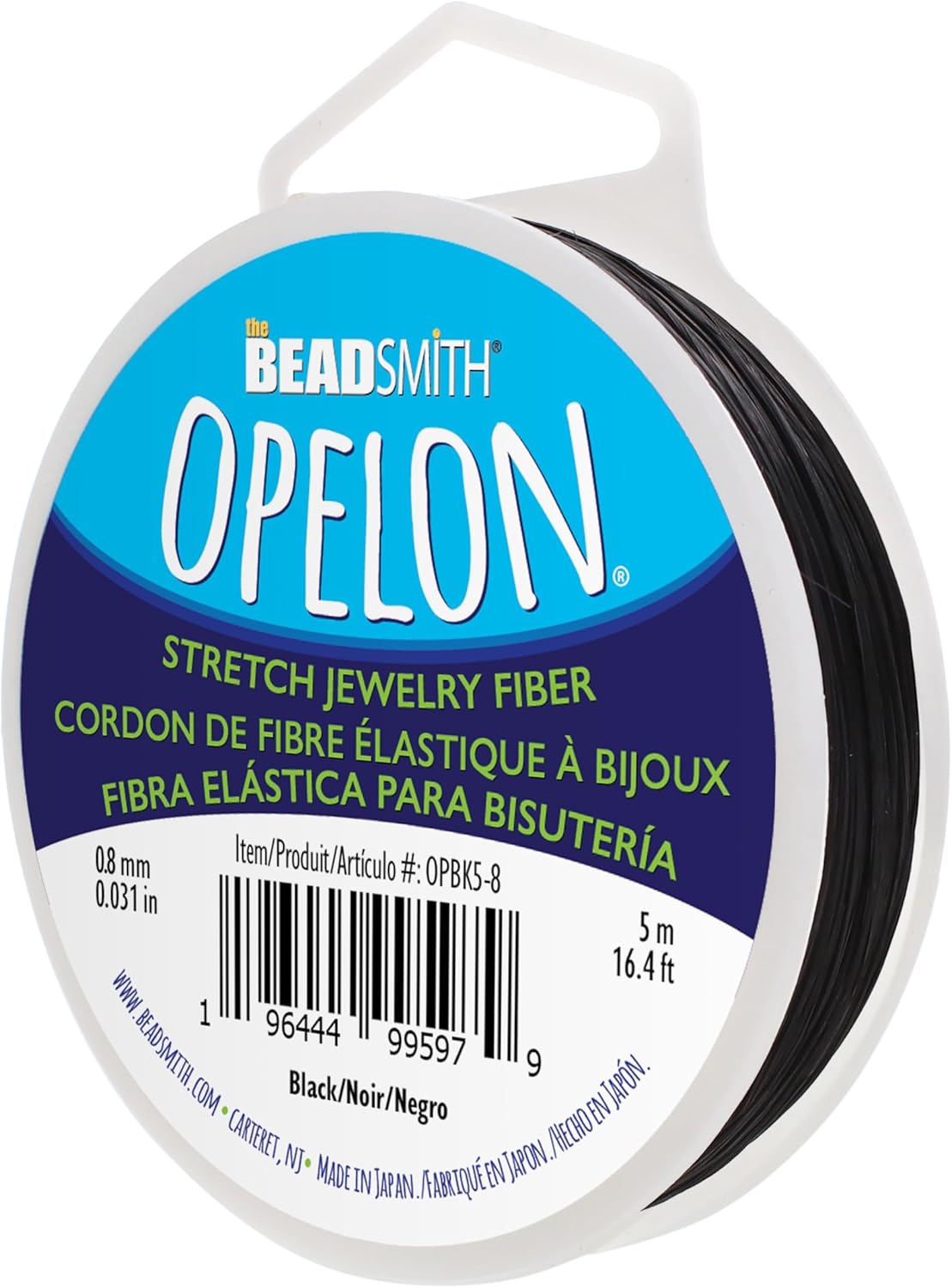 The Beadsmith Opelon Stretch Cord – Elastic Beading Fiber, Black, 0.8 mm Diameter, 5 Meters (16.4 ft) Spool
