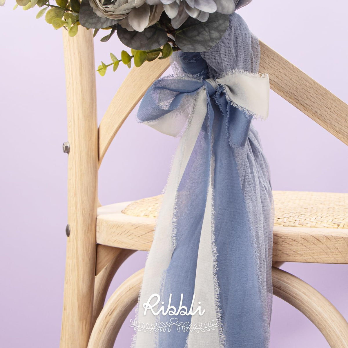 Ribbli Chiffon Silk Ribbon, 1.5 in x 30 Yards, White/Slate Blue/Dusty Blue Fringe, Wedding Invitations, Bridal Bouquets, Flower Arrangement