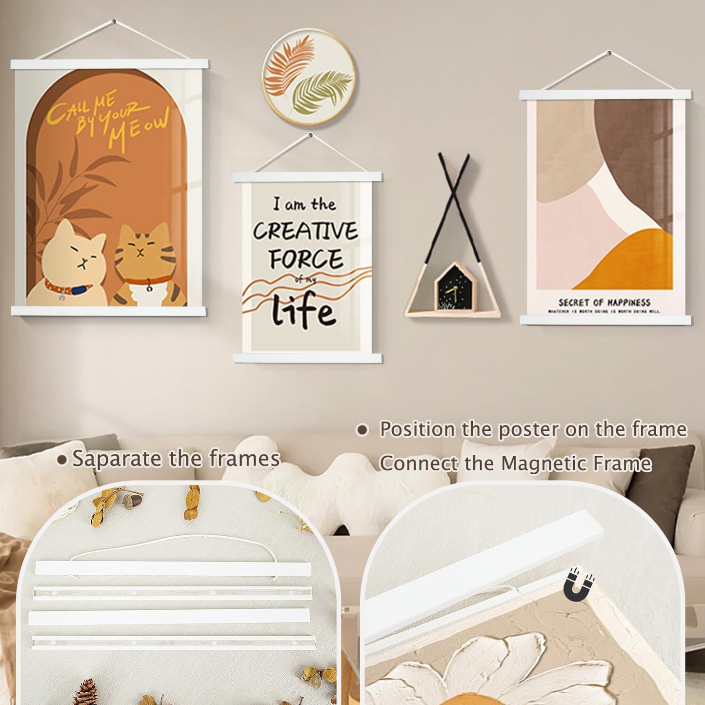 Artmag Magnetic Poster Hanger Frame, 20x28 20 x 30 20x26 Light Wood Wooden Magnet Canvas Artwork Print Poster Hangers Frames Hanging Kit (White, 20")