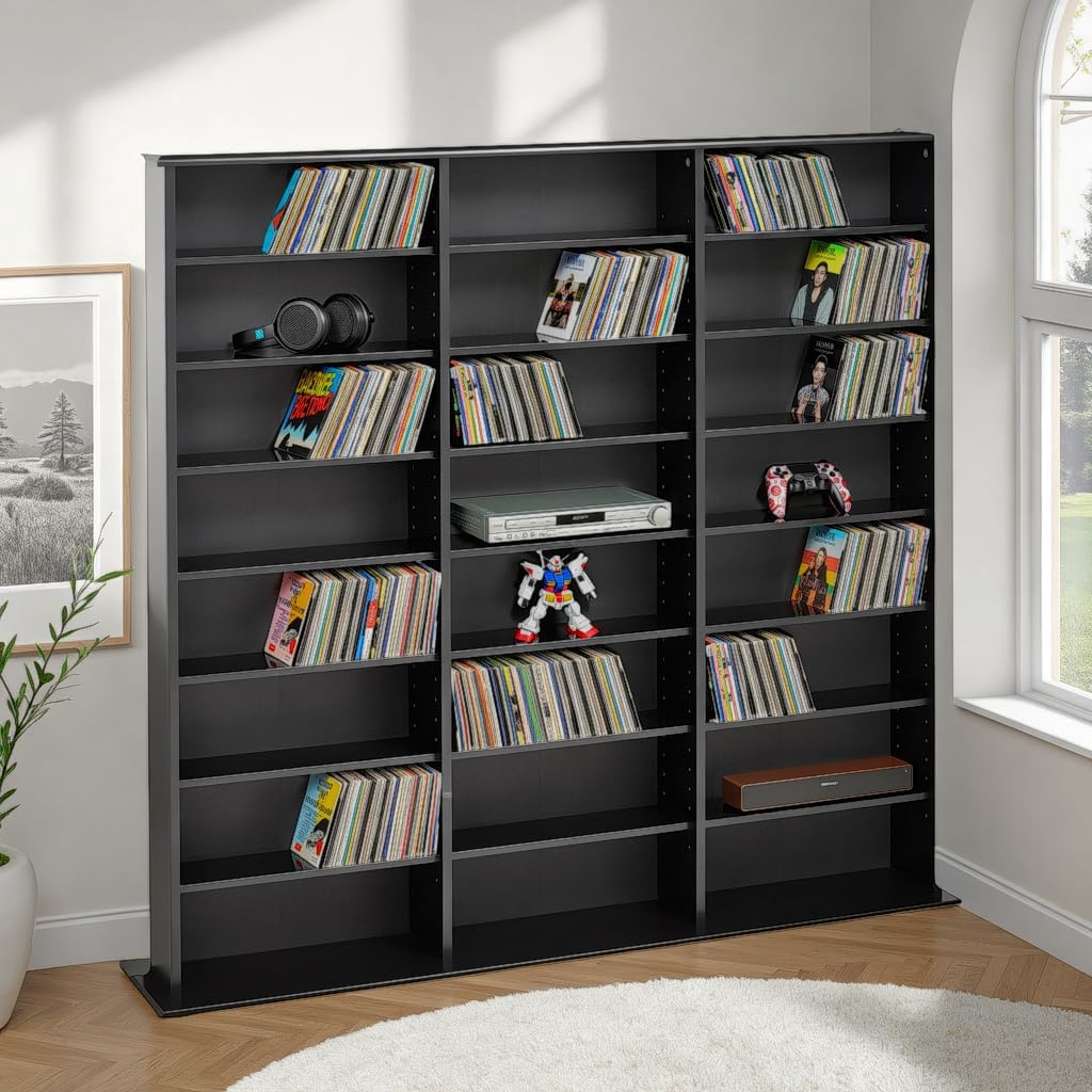 Prepac 3 Column Tall Media Storage Cabinet, Black Storage Cabinet, Display Cabinet, Multimedia Storage Organizer for CDs, DVDs, Blu-rays with 21 Adjustable Shelves 8.75" D x 56" W x 51" H