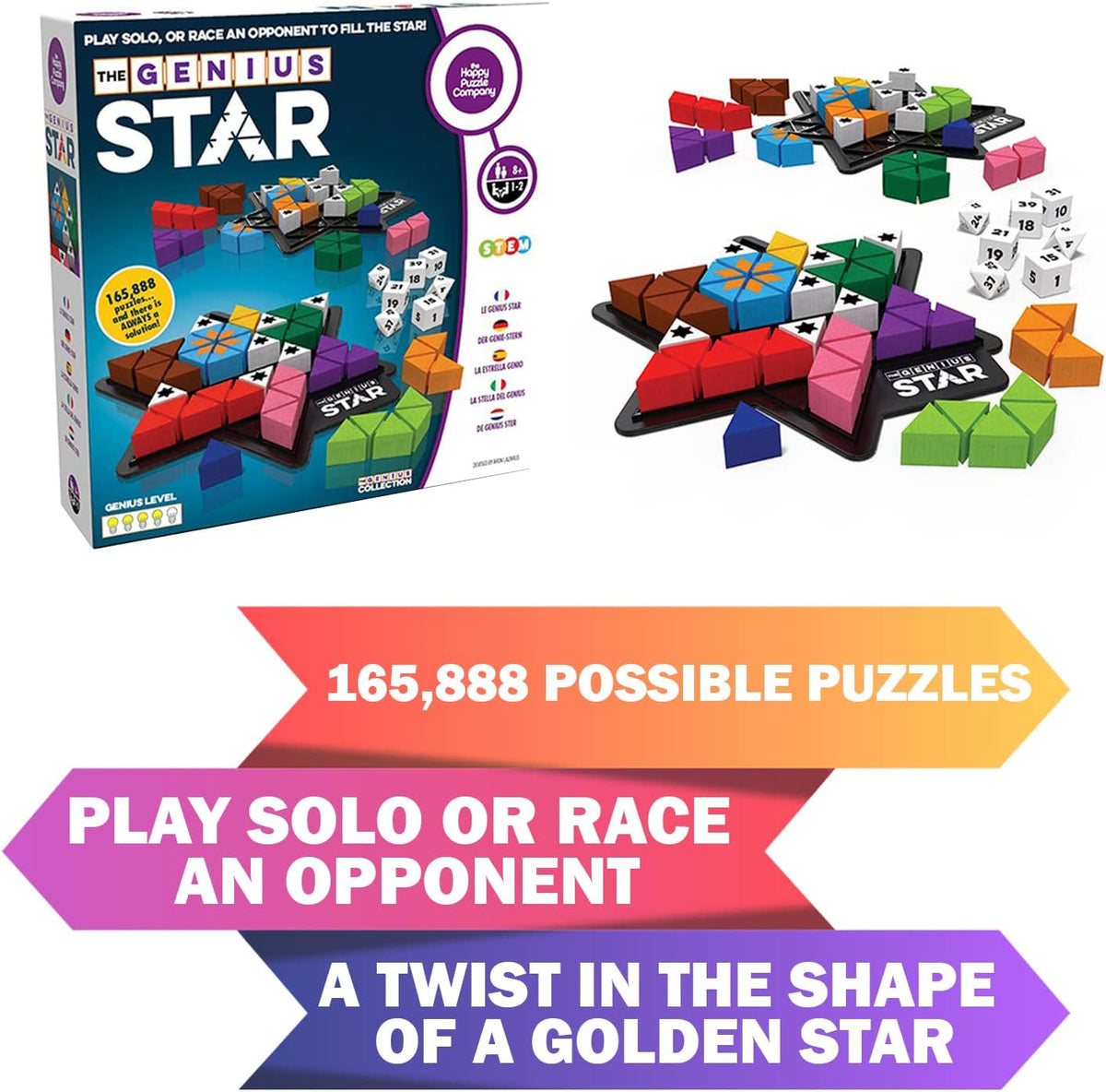 The Happy Puzzle Company The Genius Star | Toy of The Year Award Winning Family Board Game | 165,888 Possible Puzzles | Filling in Colored Shapes | Blockers to Complete A Star | Golden Star Twist