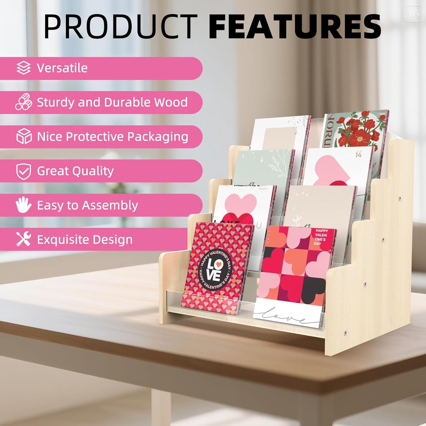 4-Tier Wooden Greeting Card Display Stand, Acrylic Brochure Holder for Retail Counter, Craft Fairs Photo Picture Postcard Organizer Rack, Space-Saving Desktop Display